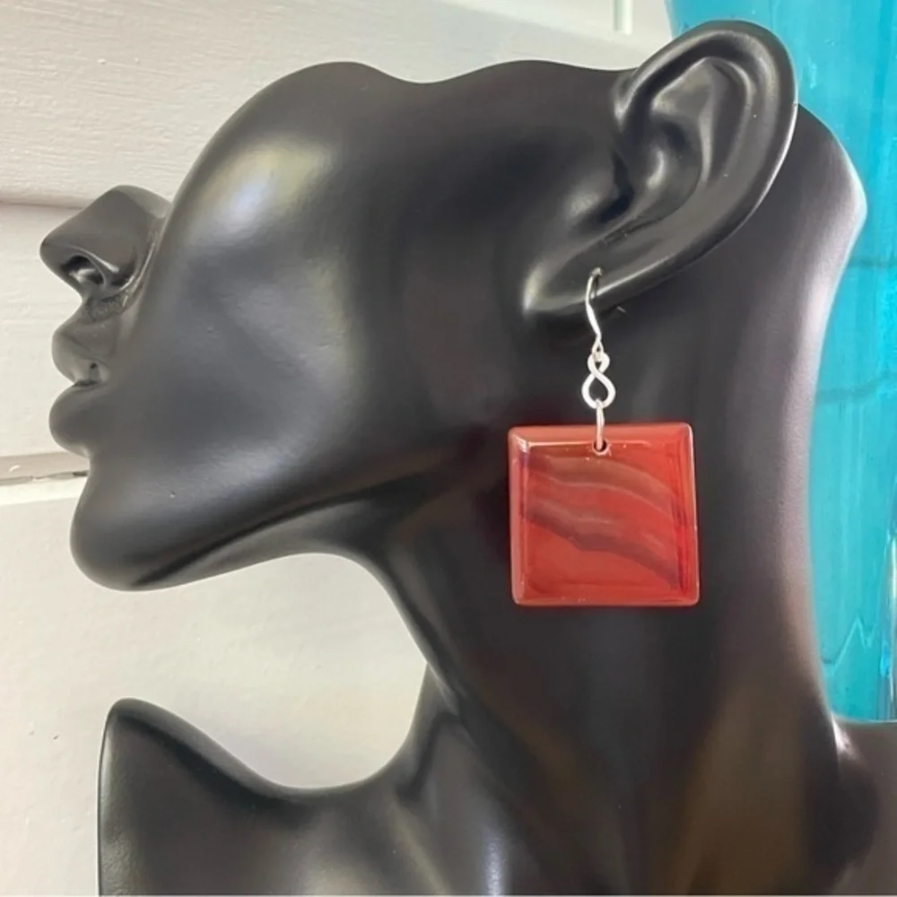 2/$29 Handmade Geometric Statement Earrings Black Orange Bold Asymmetric 2.25”